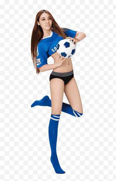 Frau im blauen T-Shirt, das Fußball hält png