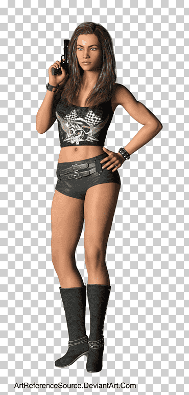 Pistolero sexy, femme debout portant un haut court noir et un short court noir tenant une illustration de pistolet png