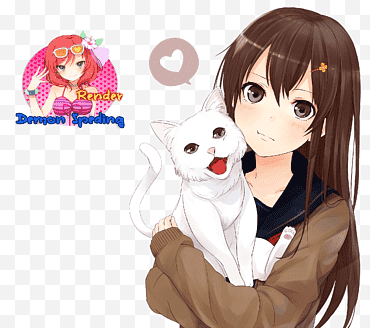 Anime Girl Render 06, braunhaarige Frau mit weißer Katze png