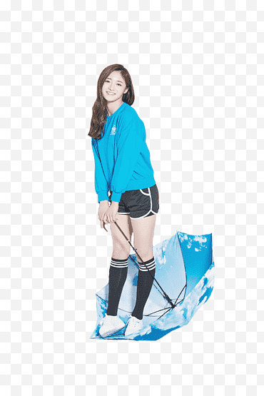 20 PRODUCE 101 04, donna in maglia blu e pantaloncini corti grigi con ombrello png