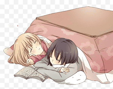 två kvinnliga sova under tabellen anime karaktär illustration png