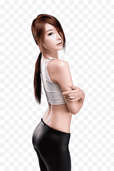 Frau trägt weißes Crop Top und schwarze Hose png