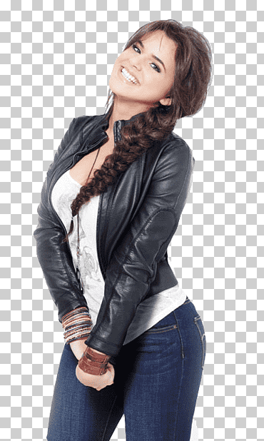 femme souriante, porter, veste cuir, et, jean denim png