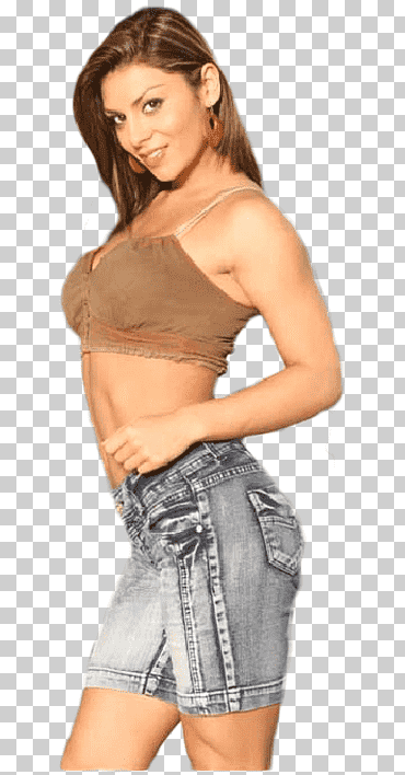 damens bruna crop topp och blå jeansshorts png