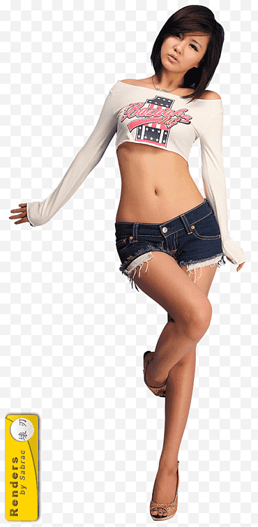 Rinde chicas asiáticas, mujer vestida de blanco con hombros descubiertos y pantalones cortos de mezclilla azul png