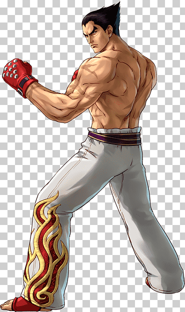 Kazuya Mishima Project X Zone 2, 싸우는 자세 일러스트에서 흰색과 빨간색 바지를 입은 토플리스 남자 png